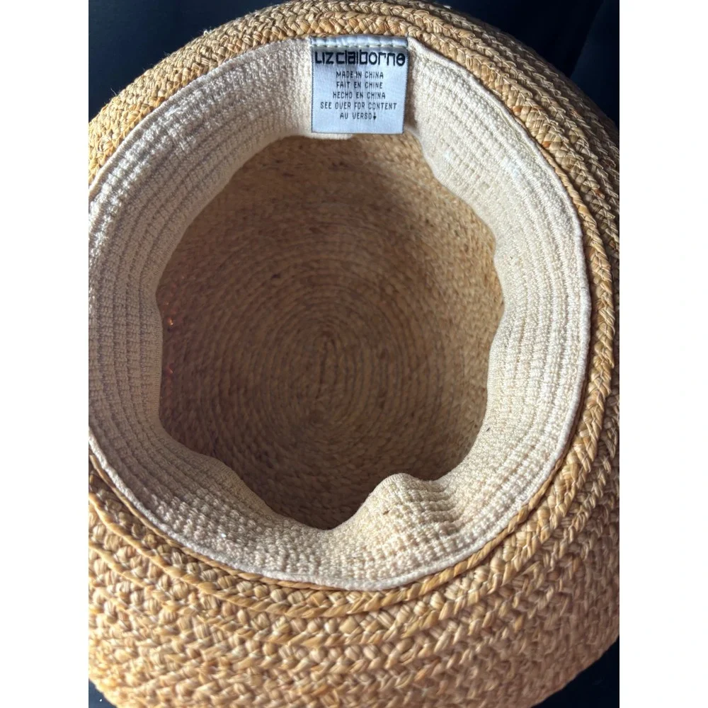 Liz Claiborne Vintage Woven Straw Sun Hat Tan Wide Upturned Brim Summer Beach
